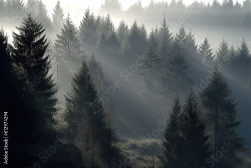 misty forest with dense foliage and tall trees. Generative AI