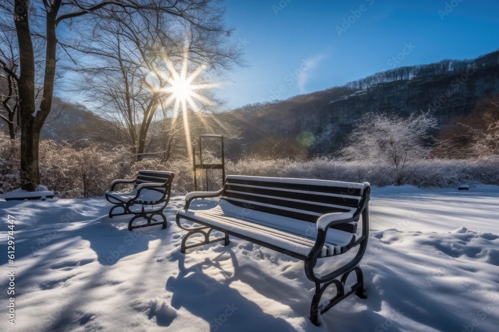 serene winter scene with a snow-covered park bench and a forest in the background. Generative AI