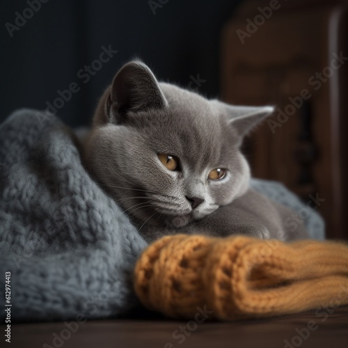 Cozy British Shorthair Kitten Sleeping by Fireplace
