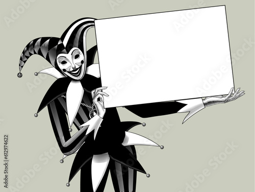 Joker holding a white banner in the hands on a black background. Vintage engraving stylized drawing. Vector illustration