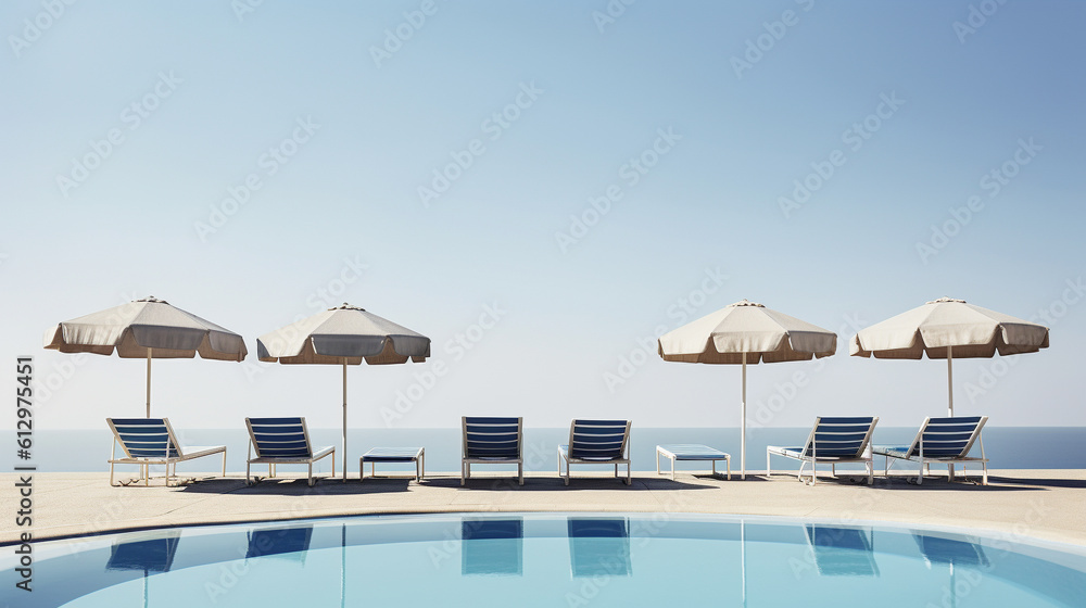 A crisp, blue sky above a deserted swimming pool, with lounge chairs and umbrellas neatly arranged around the pool's edge, ready for summer visitors. Minimalistic. Close up.