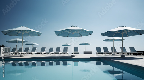 A crisp, blue sky above a deserted swimming pool, with lounge chairs and umbrellas neatly arranged around the pool's edge, ready for summer visitors. Minimalistic. Close up. © ImageHeaven