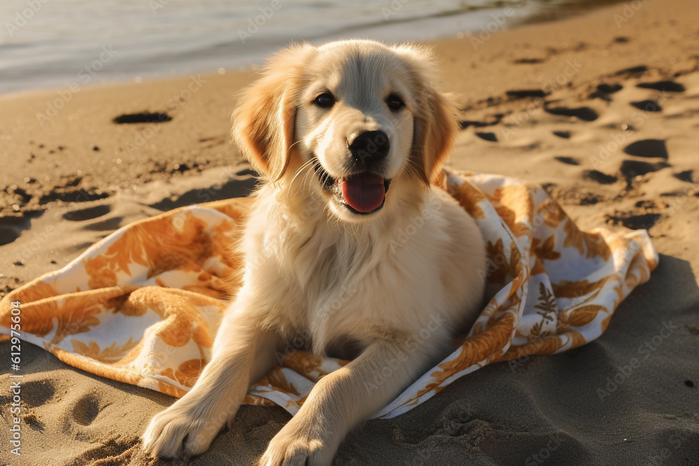 A smiling Golden Retriever puppy lounging on a beach towel, soaking up the sun on a summer holiday. Perfect for a summer vacation photo.