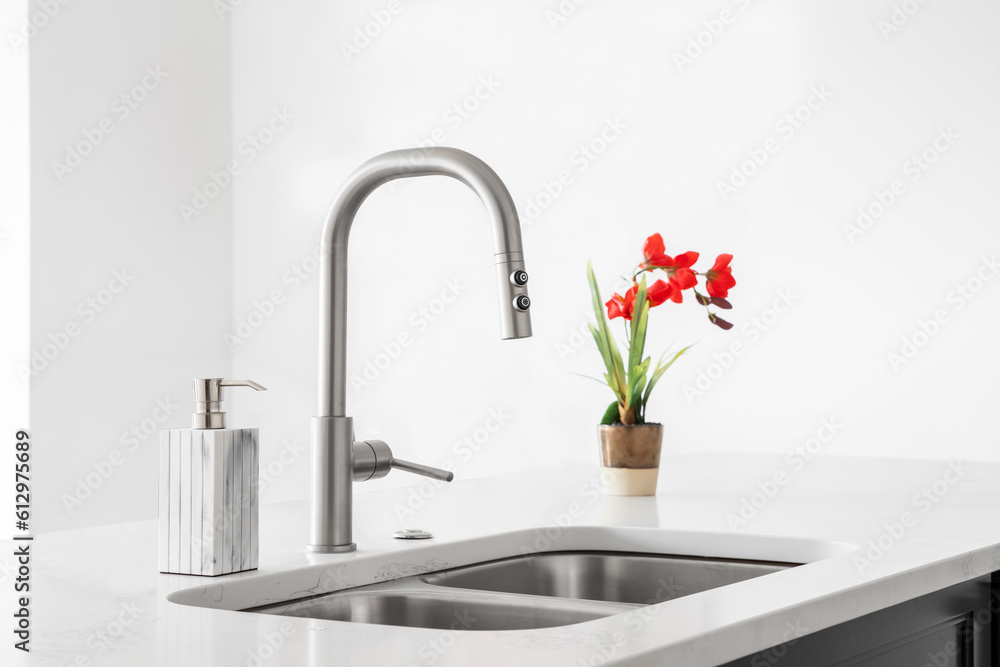 A kitchen detail shot with a stainless steel faucet and sink, marble countertop, and red flowers. A kitchen detail shot with a stainless steel faucet and sink, marble countertop, and red flowers.