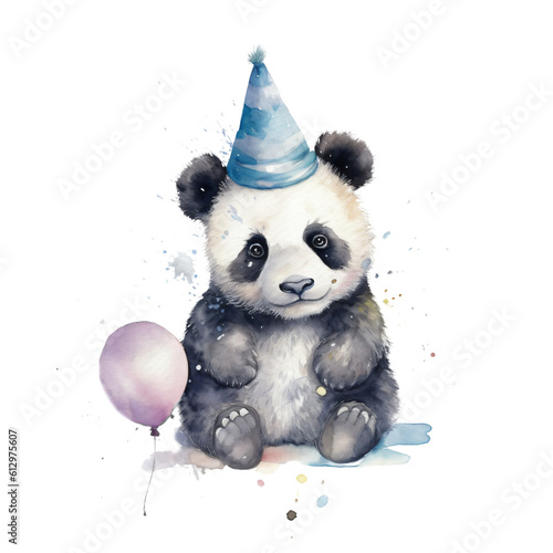 portrait little cute panda baby wearing a party hat in watercolor for birthday greetings