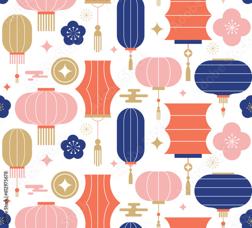 Chinese, Asian background, seamless pattern. Lanterns, ornaments and flowers. Chinese New Year, Mid Autumn Festival background, banner and greeting card. Flat minimalist geometric design
