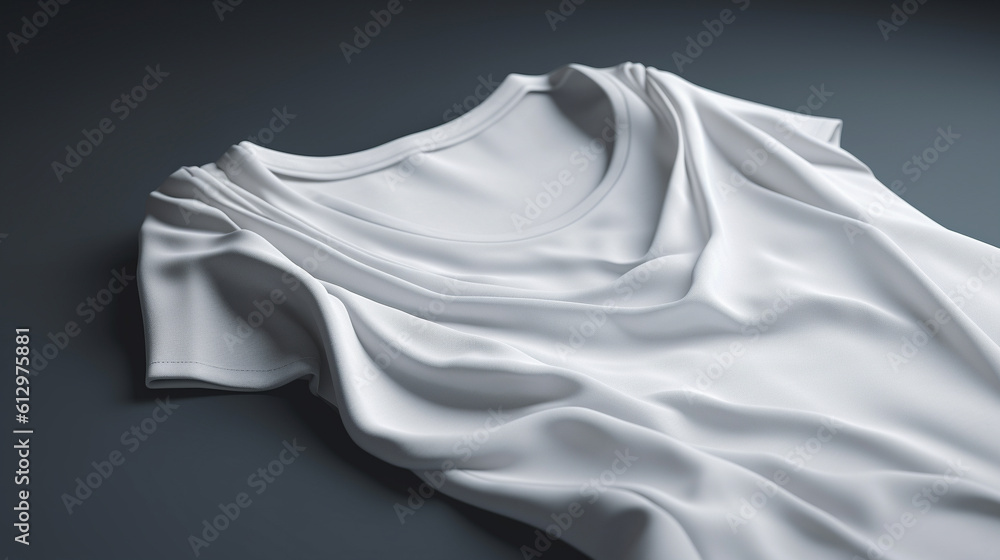 Close up of a white t-shirt draped over a solid background, with a minimalist design. No logos, slogans, or graphics. Perfect for fashion and product mockups. Point.
