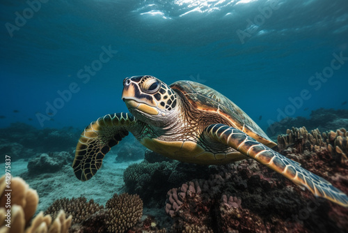 Close up of a smiling sea turtle gliding through the vibrant coral reef, sunlight streaming down from above.