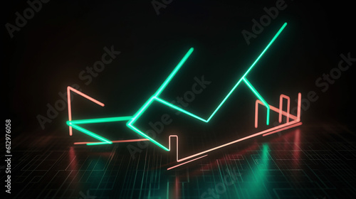 Create a stock image with an abstract minimalist geometric background, three neon arrows, and a linear rising chart, ending with a focal point.