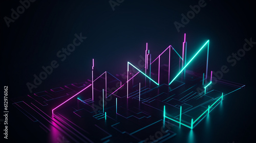 Create a stock image with an abstract minimalist geometric background, three neon arrows, and a linear rising chart, ending with a focal point.