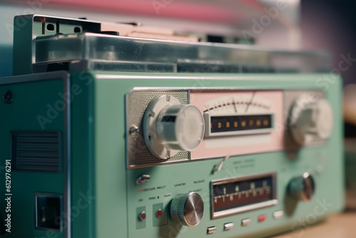 Close up shot vintage cassette player.Selective focus.Created with generative ai