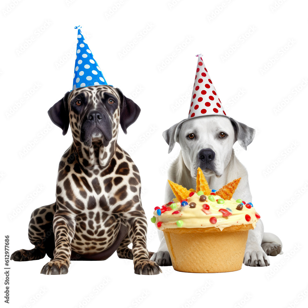 Cute dogs with party hats sitting behind a birthday cake isolated on a ...