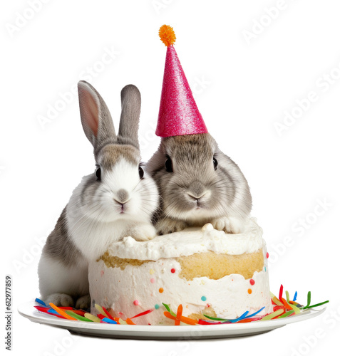 Bunnies with party hats sitting behind a birthday cake isolated on a transparant background, clipart for printing and presentations