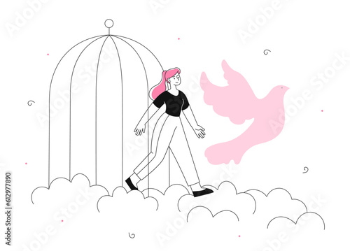 Young woman leaving cage line concept