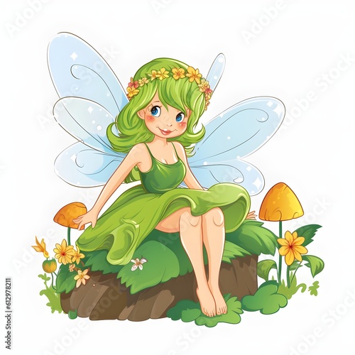 Enchanted floral sprite, colorful illustration of a cute fairy with wings, flowers, and playful charm