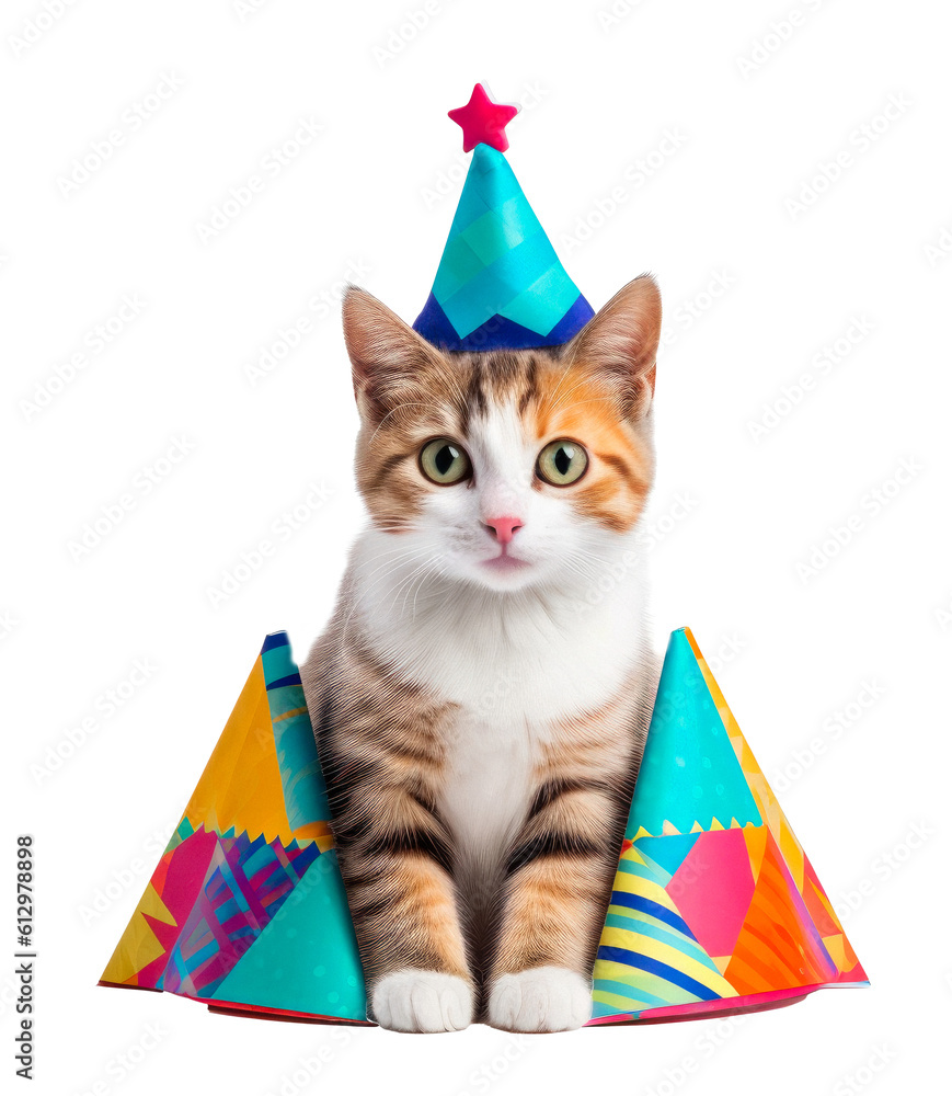 Kitten with a party hat sitting behind a birthday cake isolated on a ...