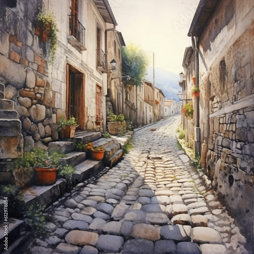 watercolor cobble-stoned narrow street in old town