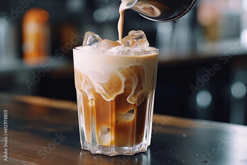  Iced cafe latte being prepared in a café