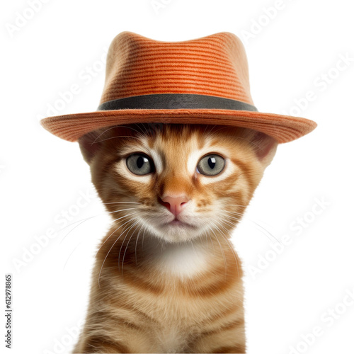 Kitten wearing a brown hat isolated on a transparant background, clipart for printing and presentations