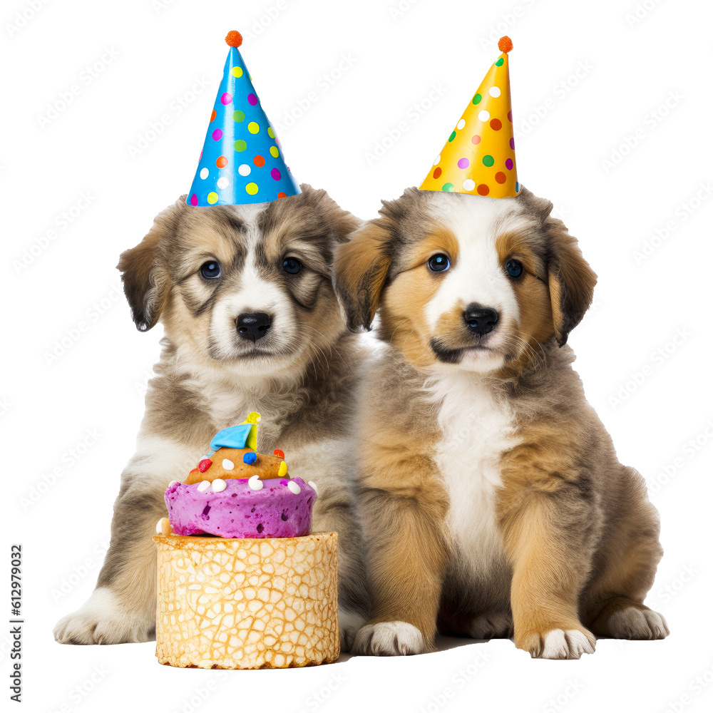 Puppy dogs with party hats sitting behind a birthday cake isolated on a ...