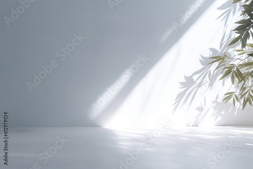 White room with plant and leaf shadow, background, backdrop with plant leaves, AI generative  © ShanBee