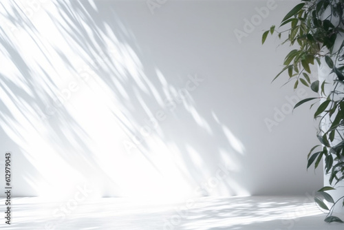 White room with plant and leaf shadow, background, backdrop with plant leaves, AI generative 