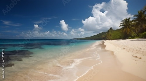 Coastal serenade, beautiful tropical beach, swaying palm trees, and melodic ocean waves