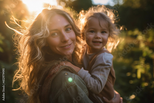 A beautiful mother holding her young daughter in golden summer evening light