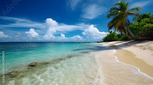 Tropical hideaway, magnificent sandy beach, sun-kissed trees, and serene oceanic setting © Ranya Art Studio