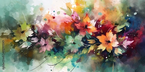 Watercolor painting of colorful flowers. Artwork, poster design. Generative Ai illustration