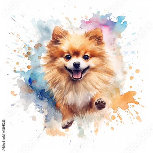 A watercolor painting of a pomeranian dog. Generative AI. photo