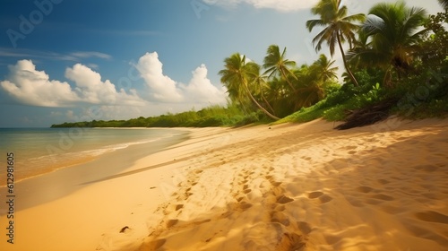Coastal reverie, scenic tropical beach, swaying trees, and calm seaside serenity