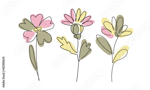 Minimalist one line flower set, pastel Outline plants collection, vector throne and daisy