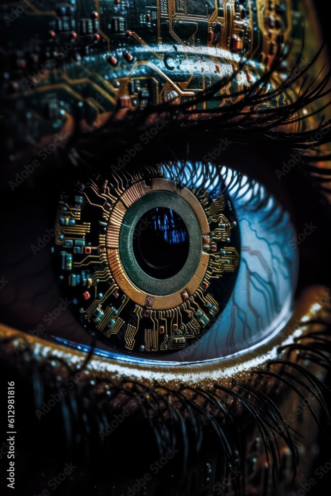 microchip in the pupil of the eye, artificial intelligence, electronic eye concept, global surveillance technologies, security of computer systems and networks. Generative AI
