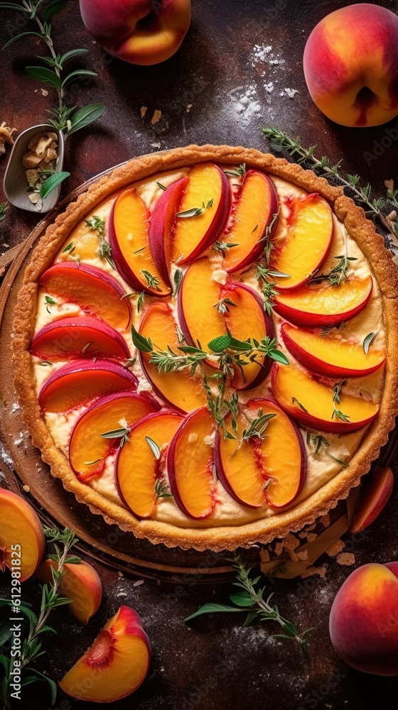 Top Down view of a Pie made of Peaches, Vivid Colors, Studio Photography, Commercial Shot. Generative AI.