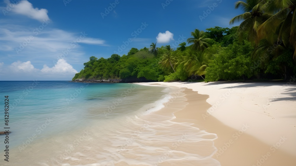 Tropical bliss, picturesque sandy beach, vibrant palms, and crystal clear seas