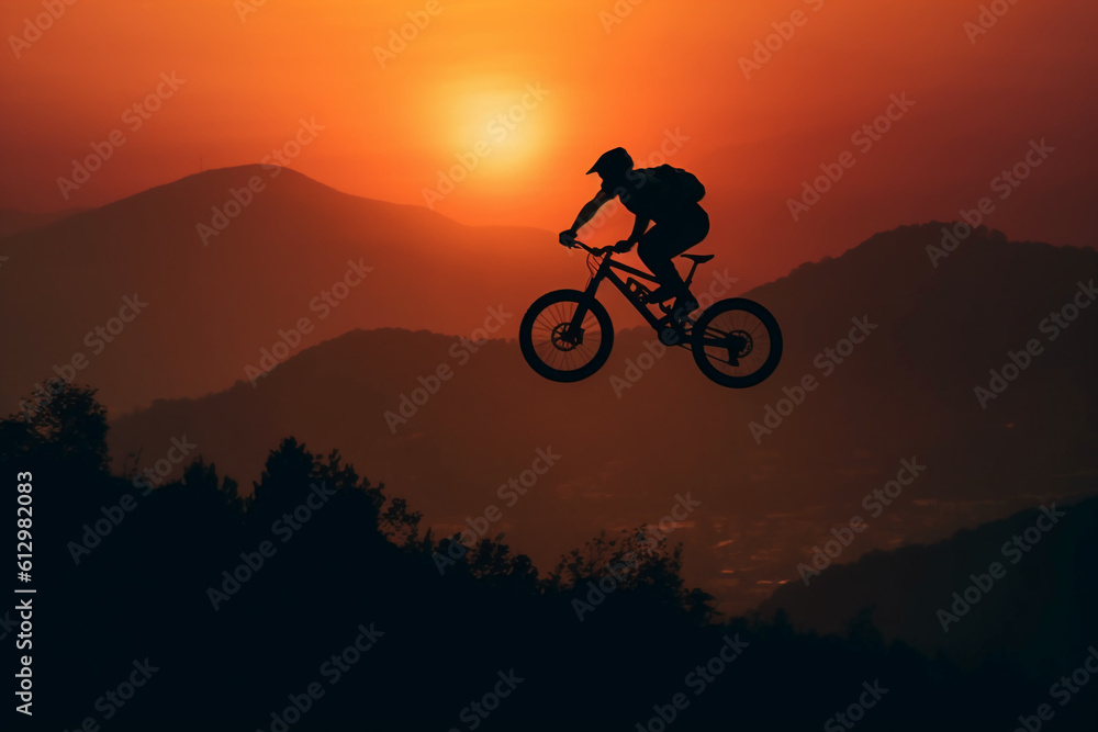 A man flying through the air while riding a bike. AI generative