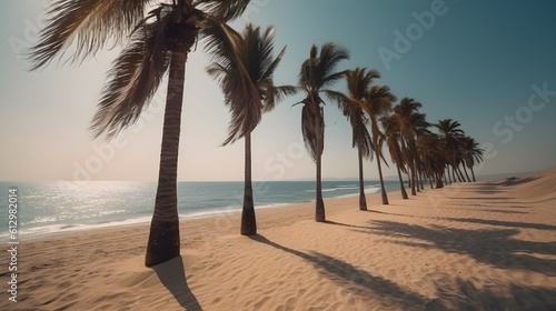 Palmy Trees Line a Pristine Sandy Beach, Where the Sun's Rays Illuminate the Golden Sands and Turquoise Waters