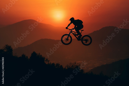 A man flying through the air while riding a bike. AI generative