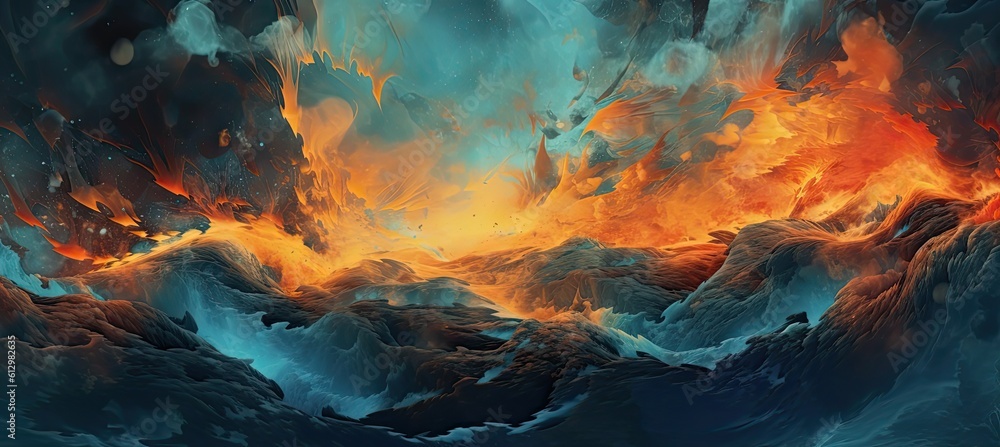 Blue water meets an orange color wave, a captivating blend of tranquility and vibrancy.