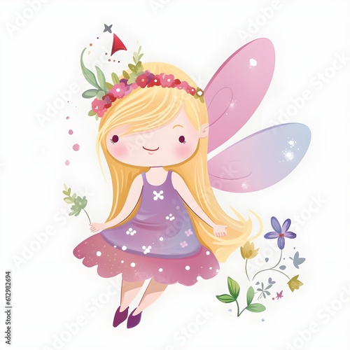 Enchanted floral symphony, adorable illustration of colorful fairies with enchanted wings and harmonious flower accents