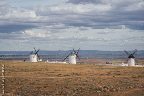 Sunset landscapes of Don Quixote windmills in Campo de Criptana, Toledo, Spain