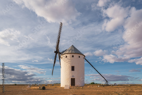 Sunset landscapes of Don Quixote windmills in Campo de Criptana, Toledo, Spain