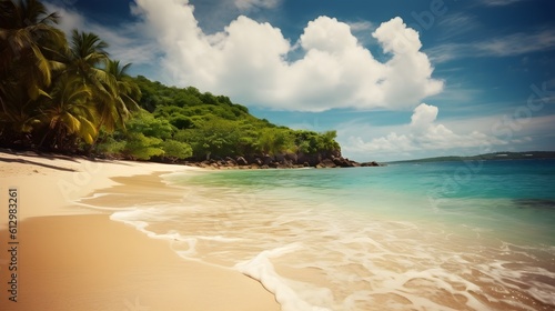 Seaside harmony, tranquil tropical beach, lush trees, and harmonious oceanic setting © Ranya Art Studio
