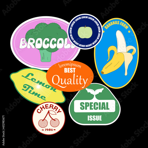 Set of fruits labels and vegetables stickers and marks or badges template for packaging isolated on black background. Vector illustration