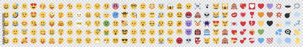 Big set of yellow emoji. Funny emoticons faces with facial expressions. On transparent background. Big set of yellow emoji. Funny emoticons faces with facial expressions. On transparent background.
