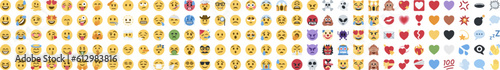 Big set of yellow emoji. Funny emoticons faces with facial expressions. On transparent background.