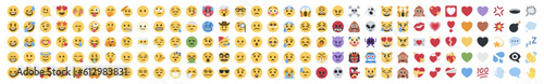 Big set of yellow emoji. Funny emoticons faces with facial expressions. On transparent background.