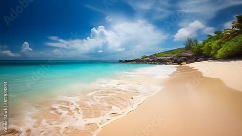 Island getaway, idyllic tropical beach, sun-kissed palms, and crystal clear waters