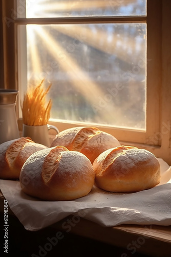 fresh baked organic bread at the window at bakery. Generative AI